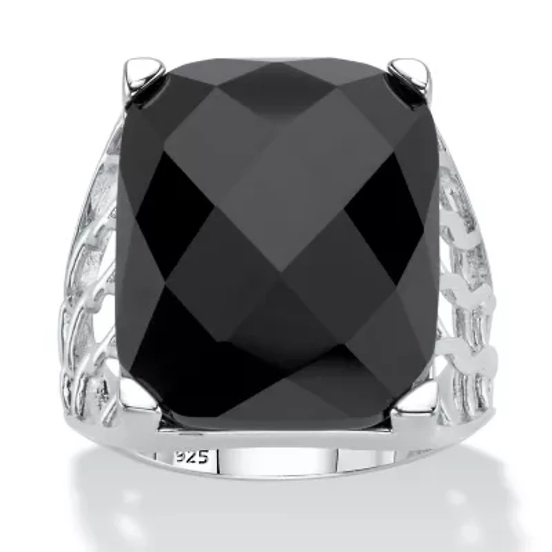 Checkerboard-Cut Genuine Black Onyx Sterling Silver Rectangular Ring
