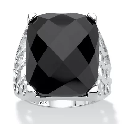 Checkerboard-Cut Genuine Black Onyx Sterling Silver Rectangular Ring