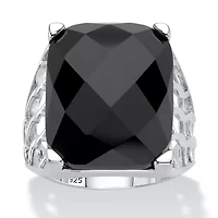 Checkerboard-Cut Genuine Black Onyx Sterling Silver Rectangular Ring