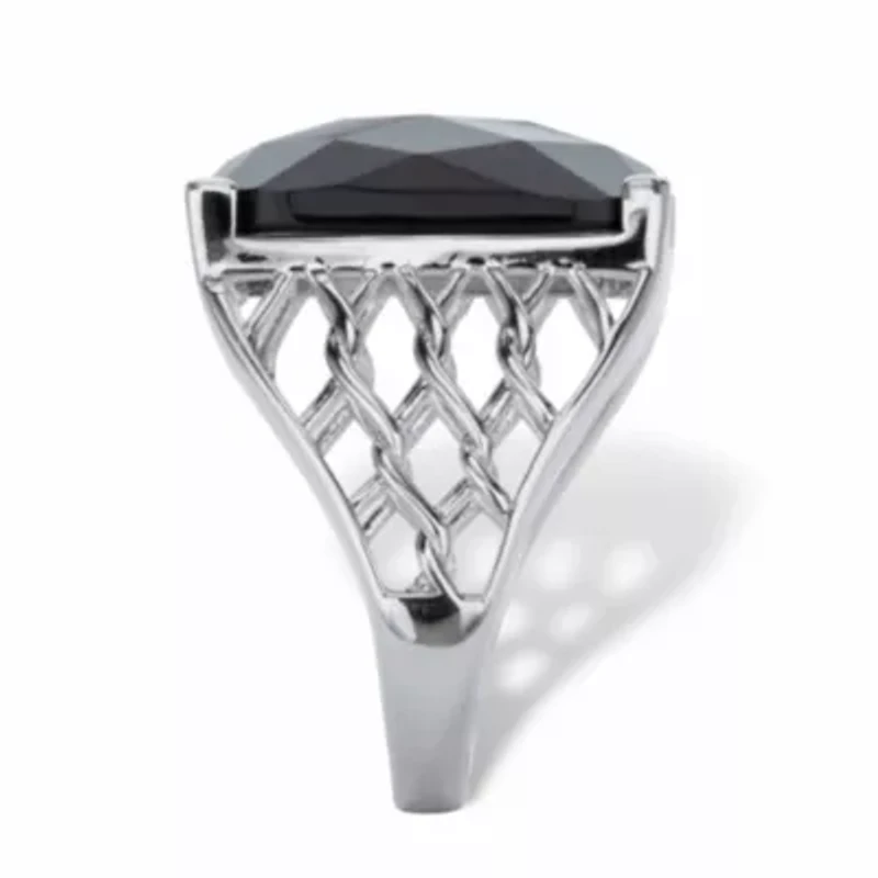Checkerboard-Cut Genuine Black Onyx Sterling Silver Rectangular Ring