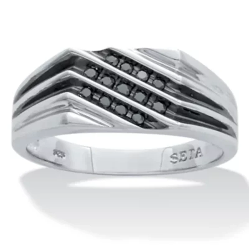 Men's .20 TCW Black Diamond Platinum Over Silver 3-Row Ring