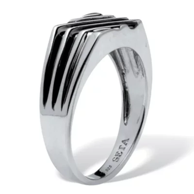 Men's .20 TCW Black Diamond Platinum Over Silver 3-Row Ring