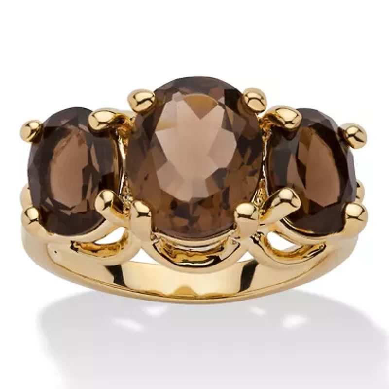 4.90 TCW Oval-Cut Genuine Smoky Quartz Yellow Gold-Plated 3-Stone Ring