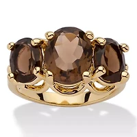 4.90 TCW Oval-Cut Genuine Smoky Quartz Yellow Gold-Plated 3-Stone Ring