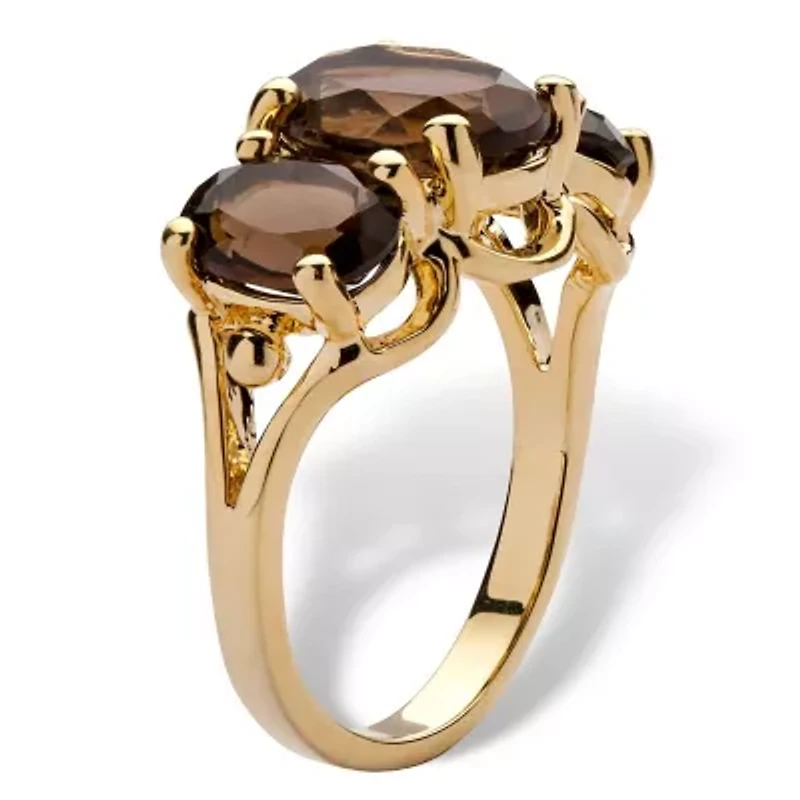 4.90 TCW Oval-Cut Genuine Smoky Quartz Yellow Gold-Plated 3-Stone Ring