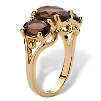 4.90 TCW Oval-Cut Genuine Smoky Quartz Yellow Gold-Plated 3-Stone Ring