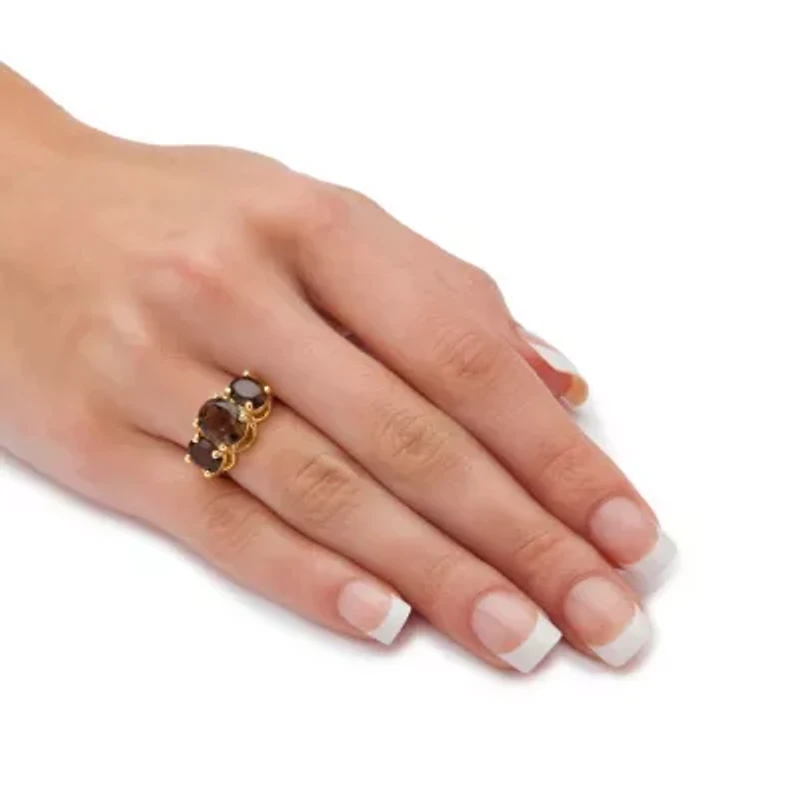 4.90 TCW Oval-Cut Genuine Smoky Quartz Yellow Gold-Plated 3-Stone Ring