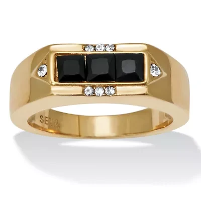 Men's Black Glass with Crystal Accents Gold Ion-Plated Stainless Steel Ring