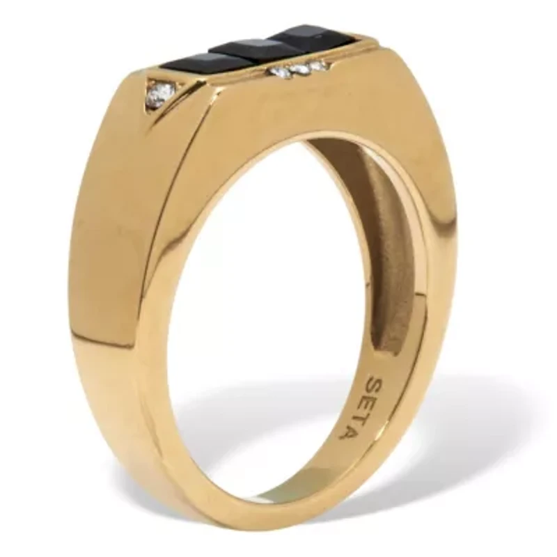 Men's Black Glass with Crystal Accents Gold Ion-Plated Stainless Steel Ring