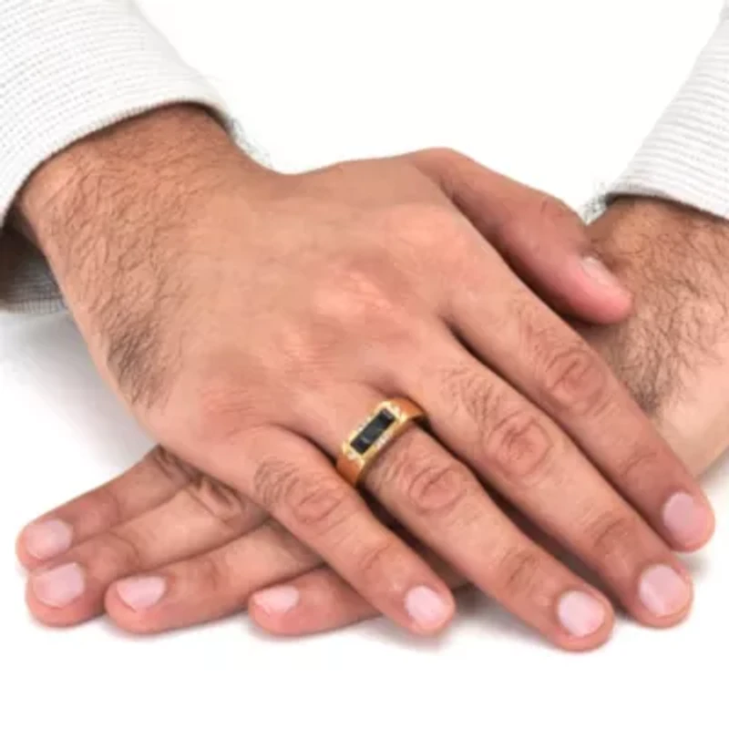 Men's Black Glass with Crystal Accents Gold Ion-Plated Stainless Steel Ring