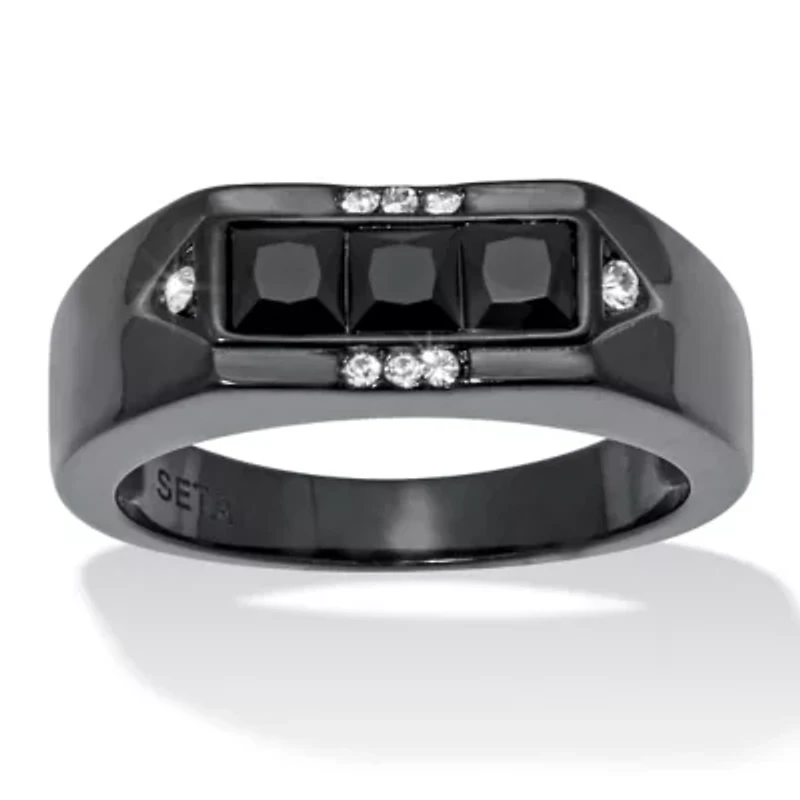 Men's Black Glass with Crystal Accents Ion-Plated Stainless Steel Ring