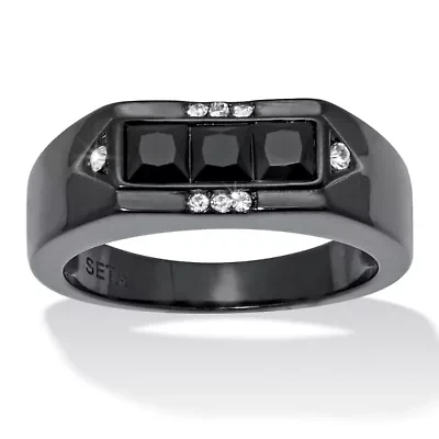 Men's Black Glass with Crystal Accents Ion-Plated Stainless Steel Ring