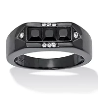 Men's Black Glass with Crystal Accents Ion-Plated Stainless Steel Ring