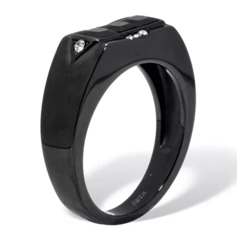 Men's Black Glass with Crystal Accents Ion-Plated Stainless Steel Ring