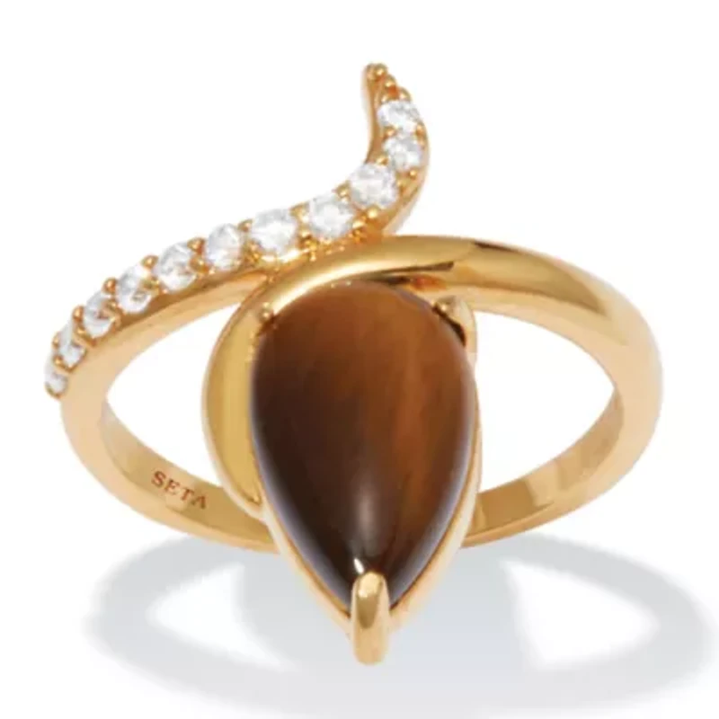 Teardrop Tiger's Eye and Cubic Zirconia 14k Gold-plated Ring