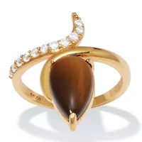 Teardrop Tiger's Eye and Cubic Zirconia 14k Gold-plated Ring