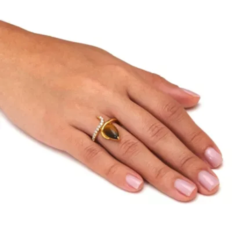 Teardrop Tiger's Eye and Cubic Zirconia 14k Gold-plated Ring