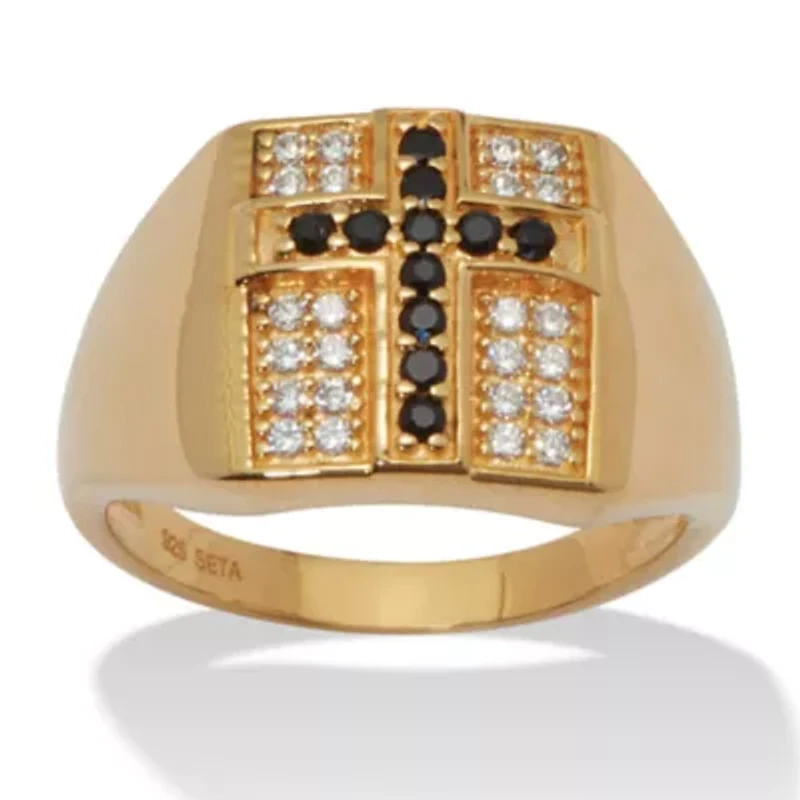 .22 TCW Men's Round Black Spinel and CZ Gold-Plated Sterling Silver Cross Ring