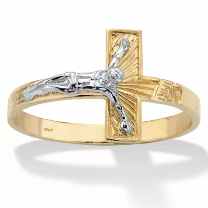 Two-Tone Textured Solid 10k Yellow and White Gold Horizontal Crucifix Ring