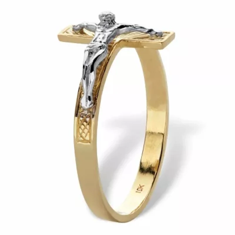 Two-Tone Textured Solid 10k Yellow and White Gold Horizontal Crucifix Ring