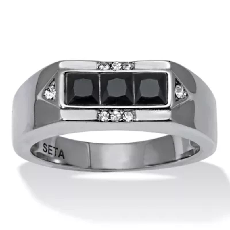 Men's Black Glass with Crystal Accents Stainless Steel Ring