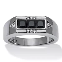 Men's Black Glass with Crystal Accents Stainless Steel Ring