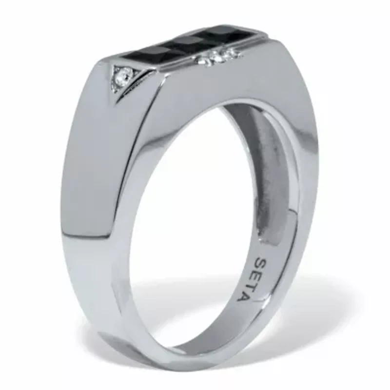 Men's Black Glass with Crystal Accents Stainless Steel Ring