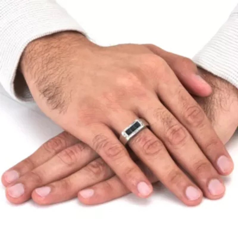 Men's Black Glass with Crystal Accents Stainless Steel Ring