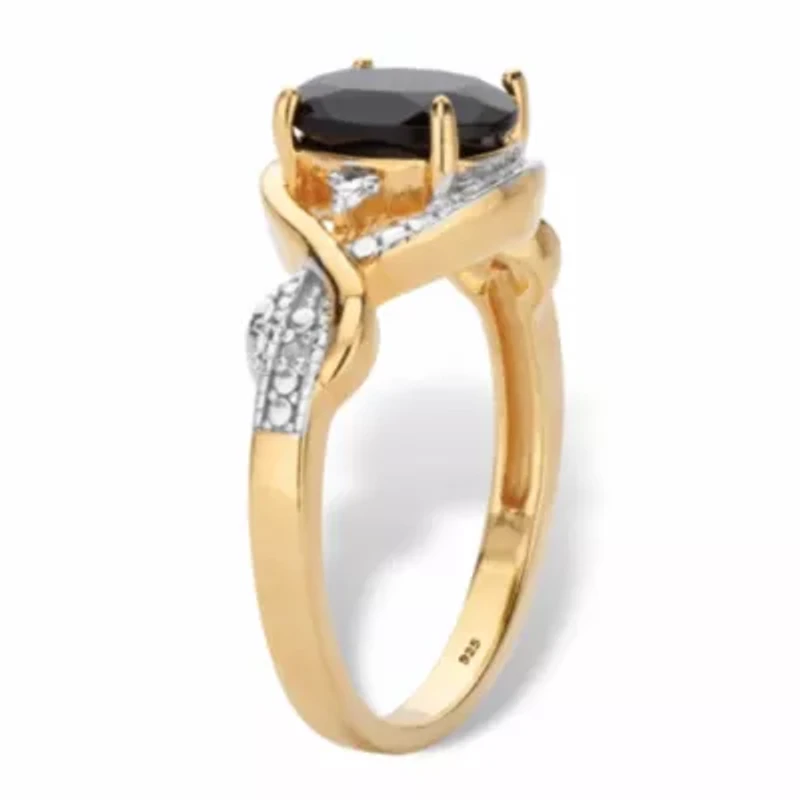 Oval-Cut Genuine Onyx and Diamond Accent Gold-Plated Silver Crossover Ring