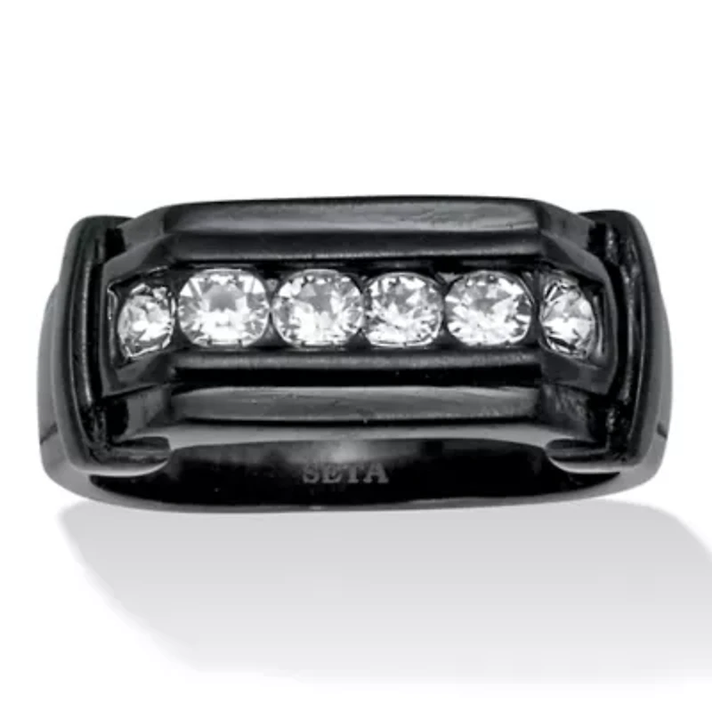 Men's Round Crystal Black Ion-Plated Stainless Steel Ring