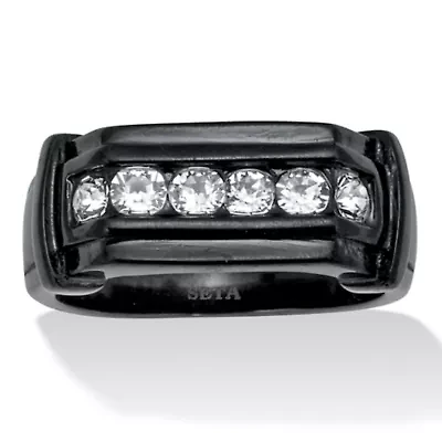 Men's Round Crystal Black Ion-Plated Stainless Steel Ring