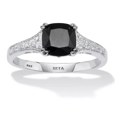 .12 TCW Cushion Black Spinel and Cubic Zirconia Sterling Silver Engagement Ring