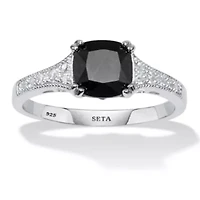 .12 TCW Cushion Black Spinel and Cubic Zirconia Sterling Silver Engagement Ring