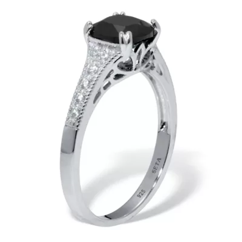 .12 TCW Cushion Black Spinel and Cubic Zirconia Sterling Silver Engagement Ring