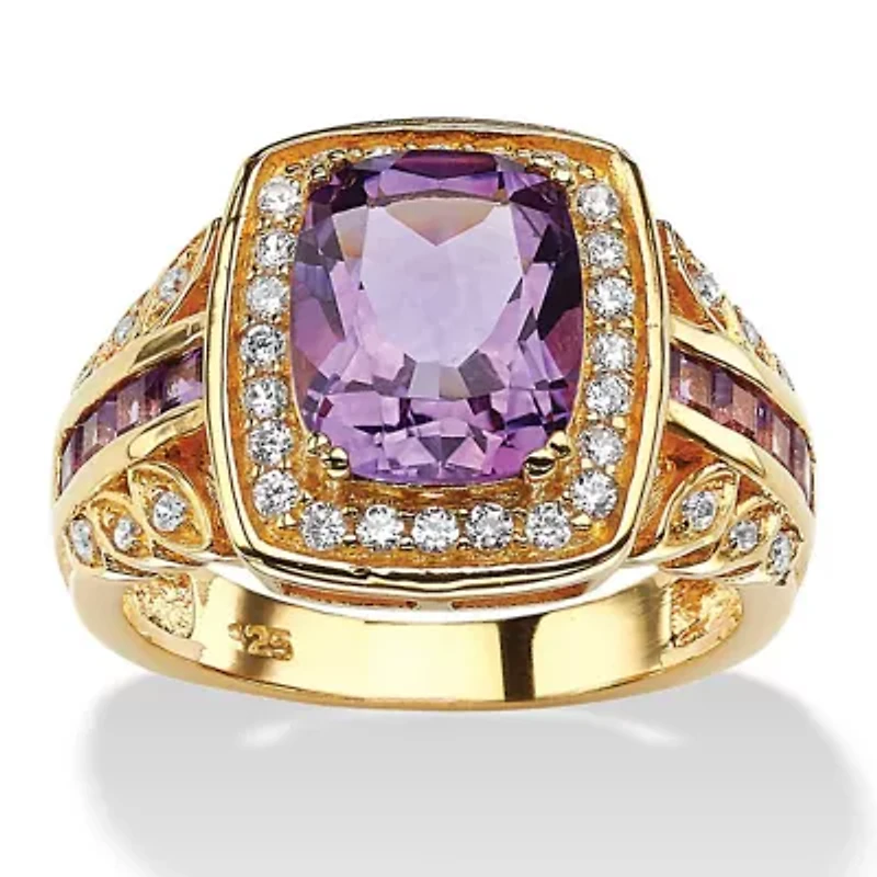 3.86 TCW Genuine Purple Amethyst and CZ 14k Gold-plated Silver Halo Ring