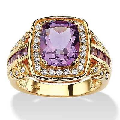 3.86 TCW Genuine Purple Amethyst and CZ 14k Gold-plated Silver Halo Ring
