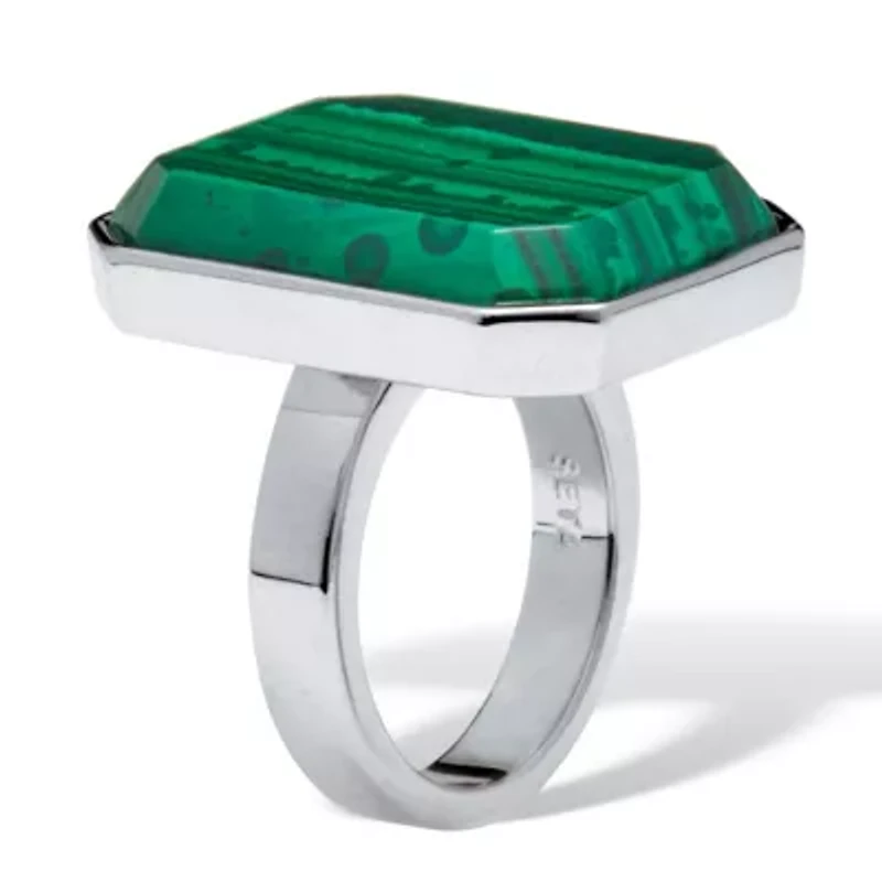 Malachite Emerald Shape Platinum-Plated Cocktail Ring 1-inch