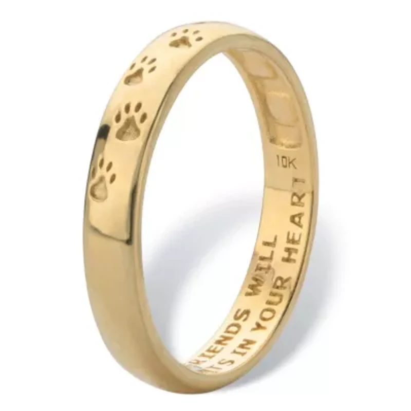 Paw Print Inscribed "Only True Friends" Solid 10k Yellow Gold Stamped Band