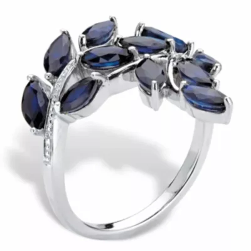 2.65 TCW Genuine Sapphire and Diamond Accent Platinum-plated Silver Leaf Ring