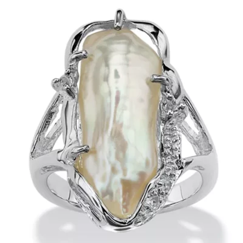 Cultured Freshwater Pearl and White Topaz .925 Sterling Silver  Ring