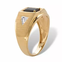 Men's Solid 10k Yellow Gold Genuine Emerald-Cut Onyx and Diamond Accent Ring