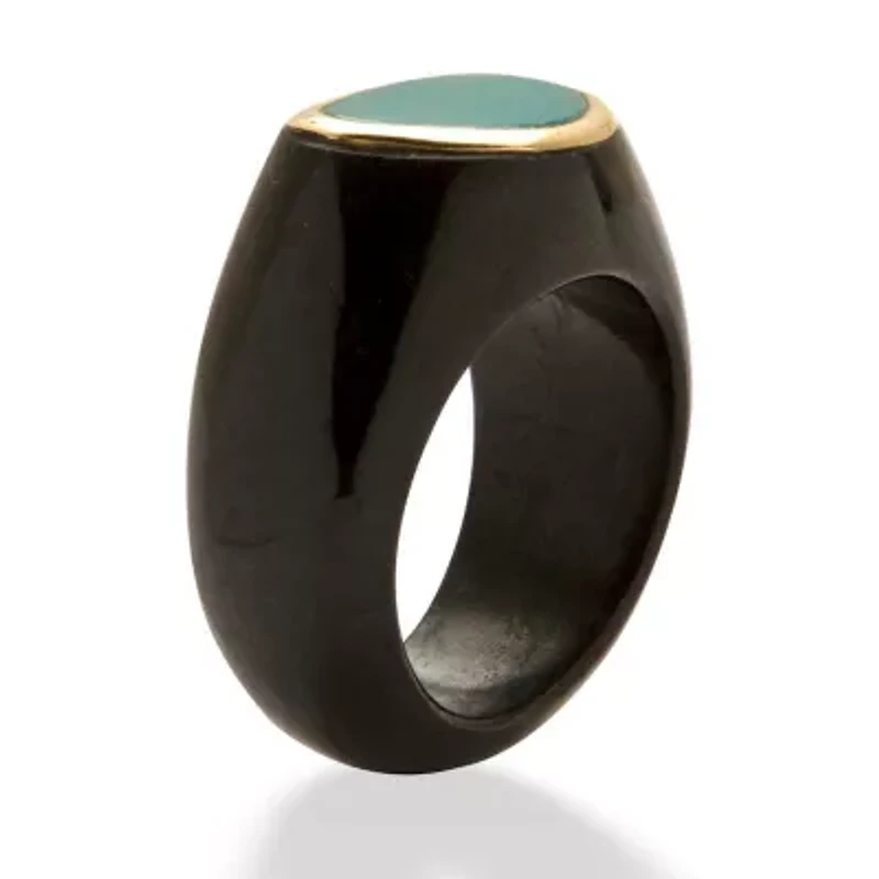 Genuine Blue Opal and Black Jade 10k Yellow Gold Bezel-Set Cabochon Ring