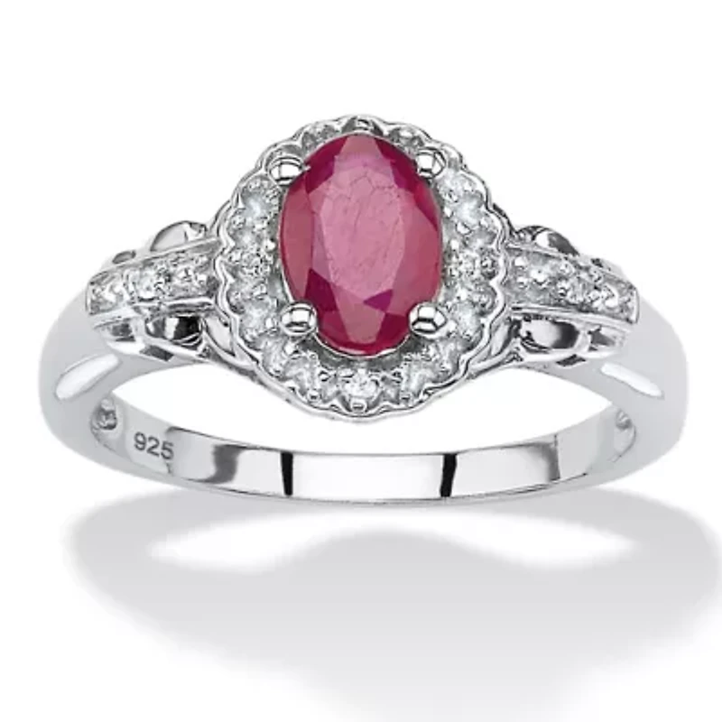1.18 TCW Oval Genuine Ruby and Topaz Halo Ring .925 Sterling Silver