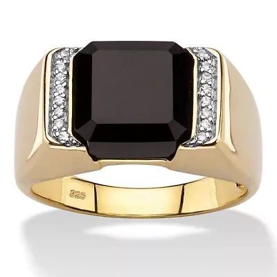 Men's Genuine Black Onyx and CZ Accent 18k Gold-plated Silver Square Ring