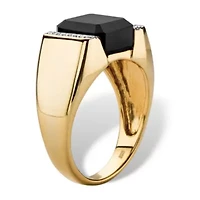 Men's Genuine Black Onyx and CZ Accent 18k Gold-plated Silver Square Ring