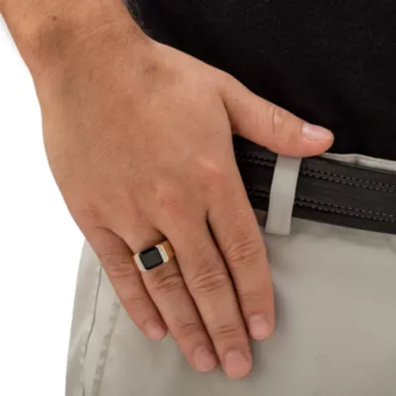 Men's Genuine Black Onyx and CZ Accent 18k Gold-plated Silver Square Ring