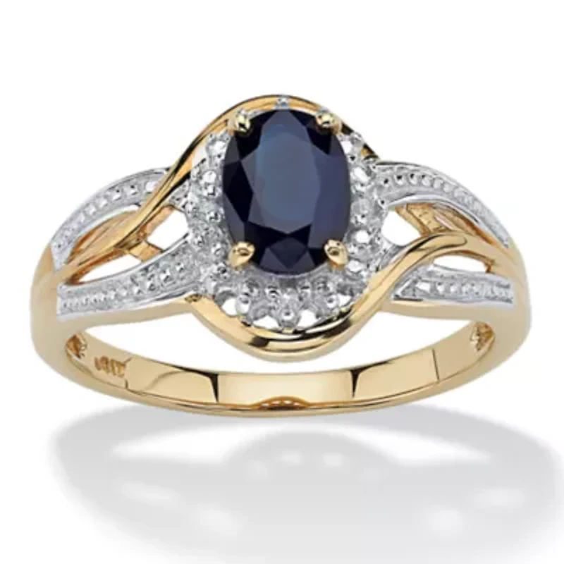 10k Yellow Gold Oval Blue Sapphire and Round Diamond Accent Ring