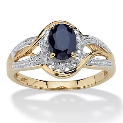 10k Yellow Gold Oval Blue Sapphire and Round Diamond Accent Ring