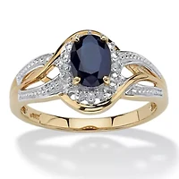 10k Yellow Gold Oval Blue Sapphire and Round Diamond Accent Ring