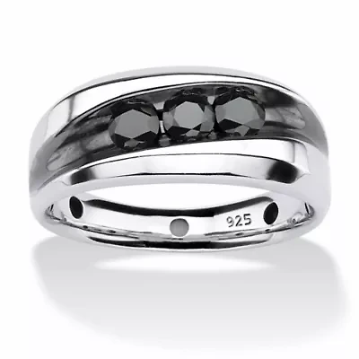 Men's 3/4 TCW Channel-Set Black Diamond Ring Platinum-plated Sterling Silver